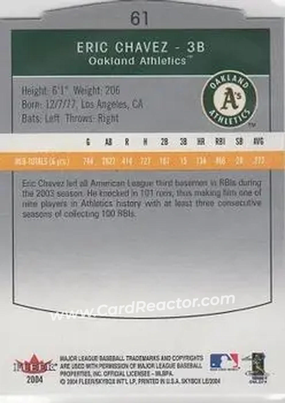 2004 SkyBox LE #61 - Eric Chavez - Oakland Athletics - Back