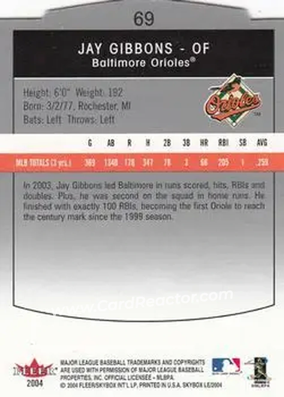 2004 SkyBox LE #69 - Jay Gibbons - Baltimore Orioles - Back 2004 SkyBox LE #69 - Jay Gibbons - Baltimore Orioles - Back