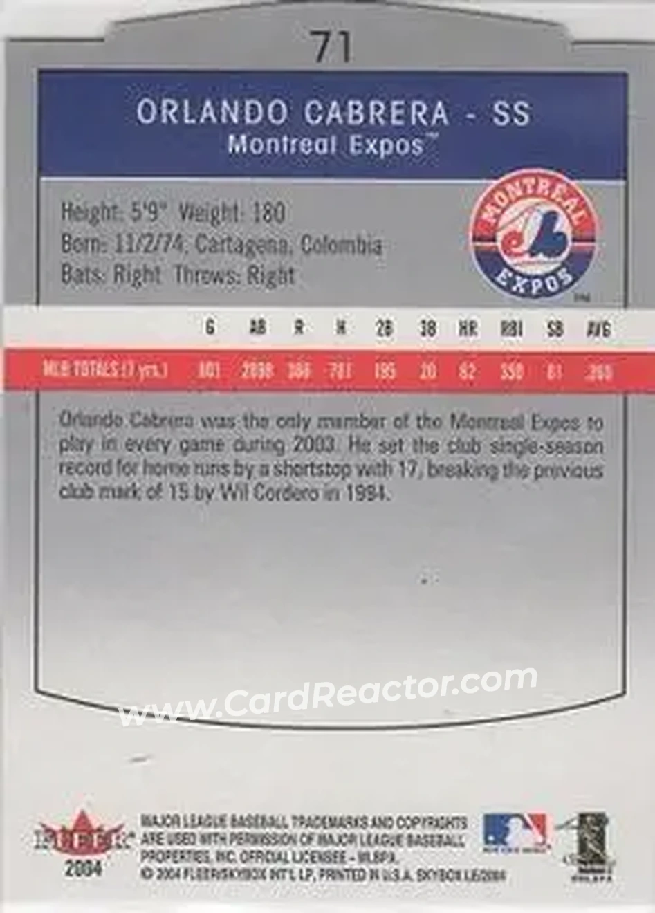 2004 SkyBox LE #71 - Orlando Cabrera - Montreal Expos - Back 2004 SkyBox LE #71 - Orlando Cabrera - Montreal Expos - Back