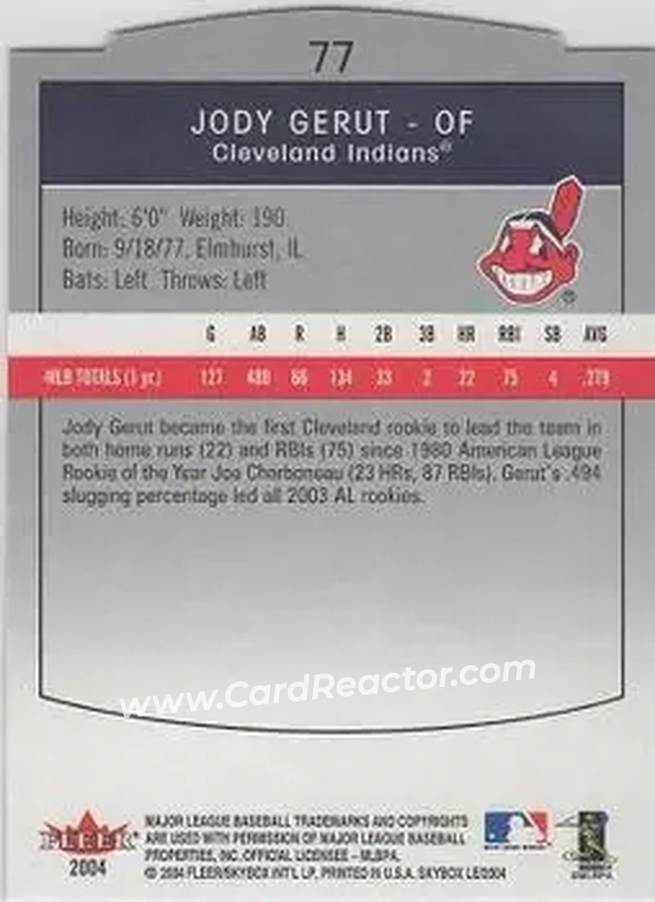 2004 SkyBox LE #77 - Jody Gerut - Cleveland Indians - Back