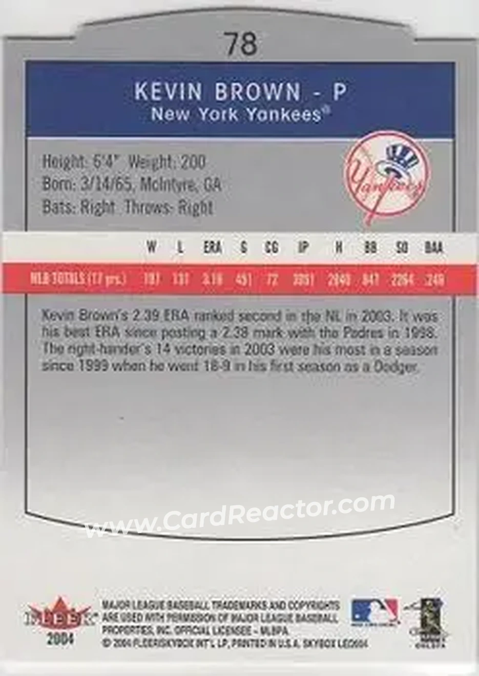 2004 SkyBox LE #78 - Kevin Brown - New York Yankees - Back 2004 SkyBox LE #78 - Kevin Brown - New York Yankees - Back