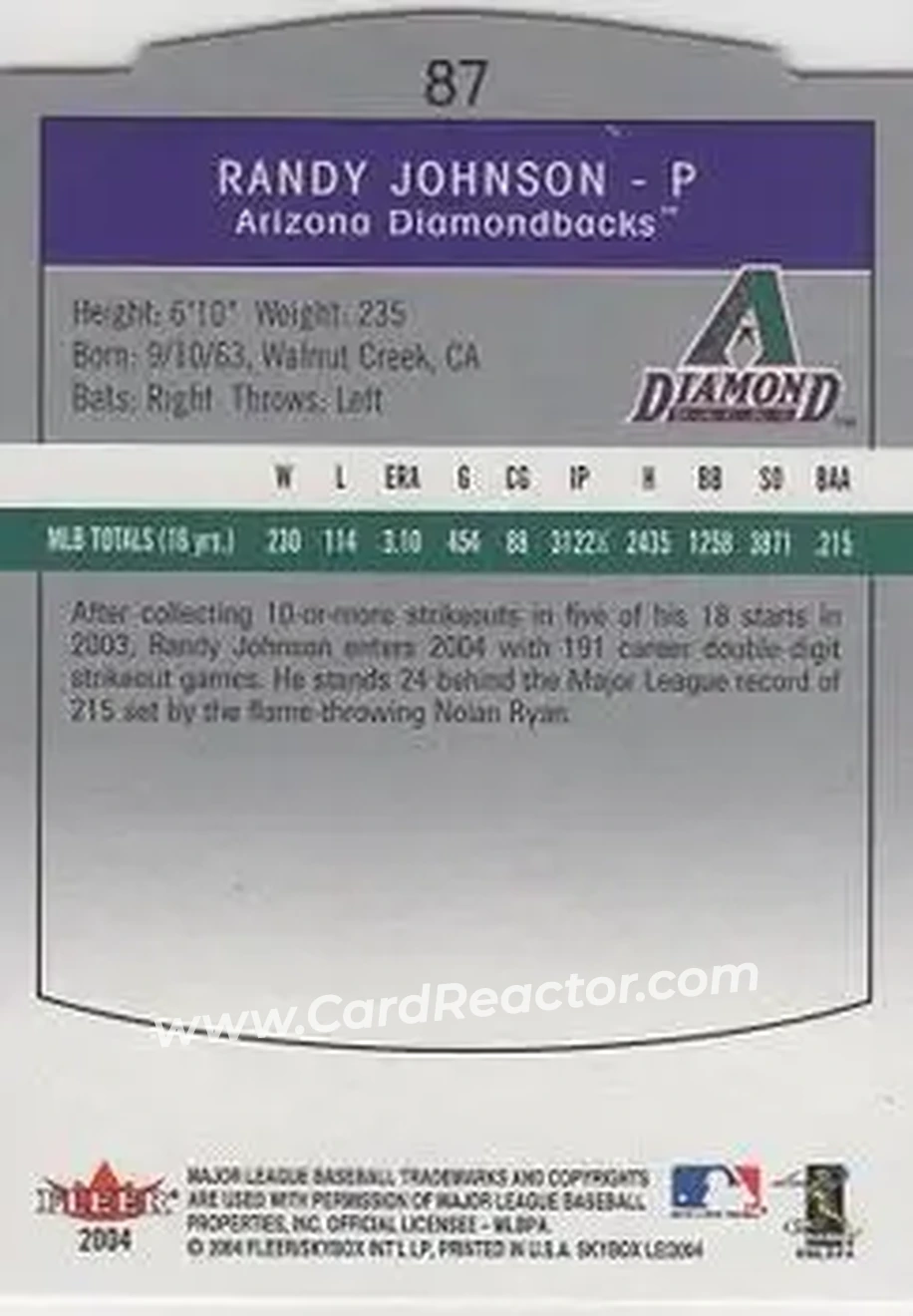 2004 SkyBox LE #87 - Randy Johnson - Arizona Diamondbacks - Back 2004 SkyBox LE #87 - Randy Johnson - Arizona Diamondbacks - Back