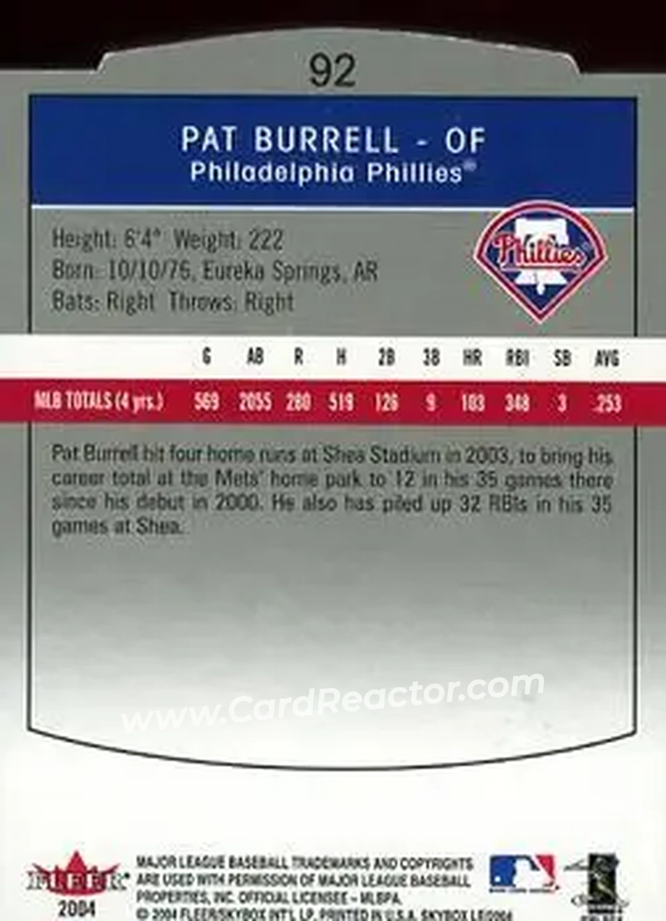 2004 SkyBox LE #92 - Pat Burrell - Philadelphia Phillies - Back