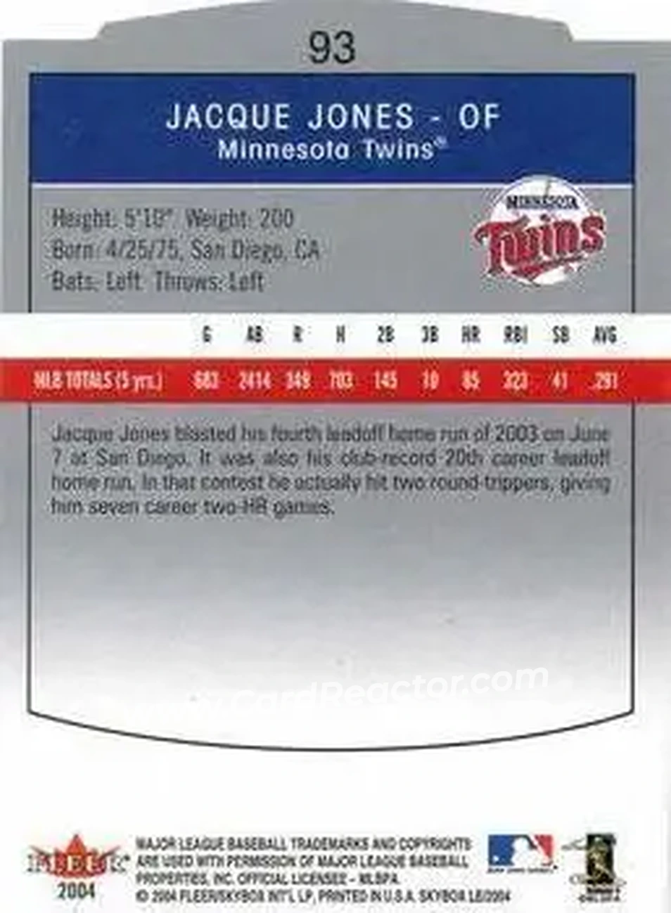 2004 SkyBox LE #93 - Jacque Jones - Minnesota Twins - Back