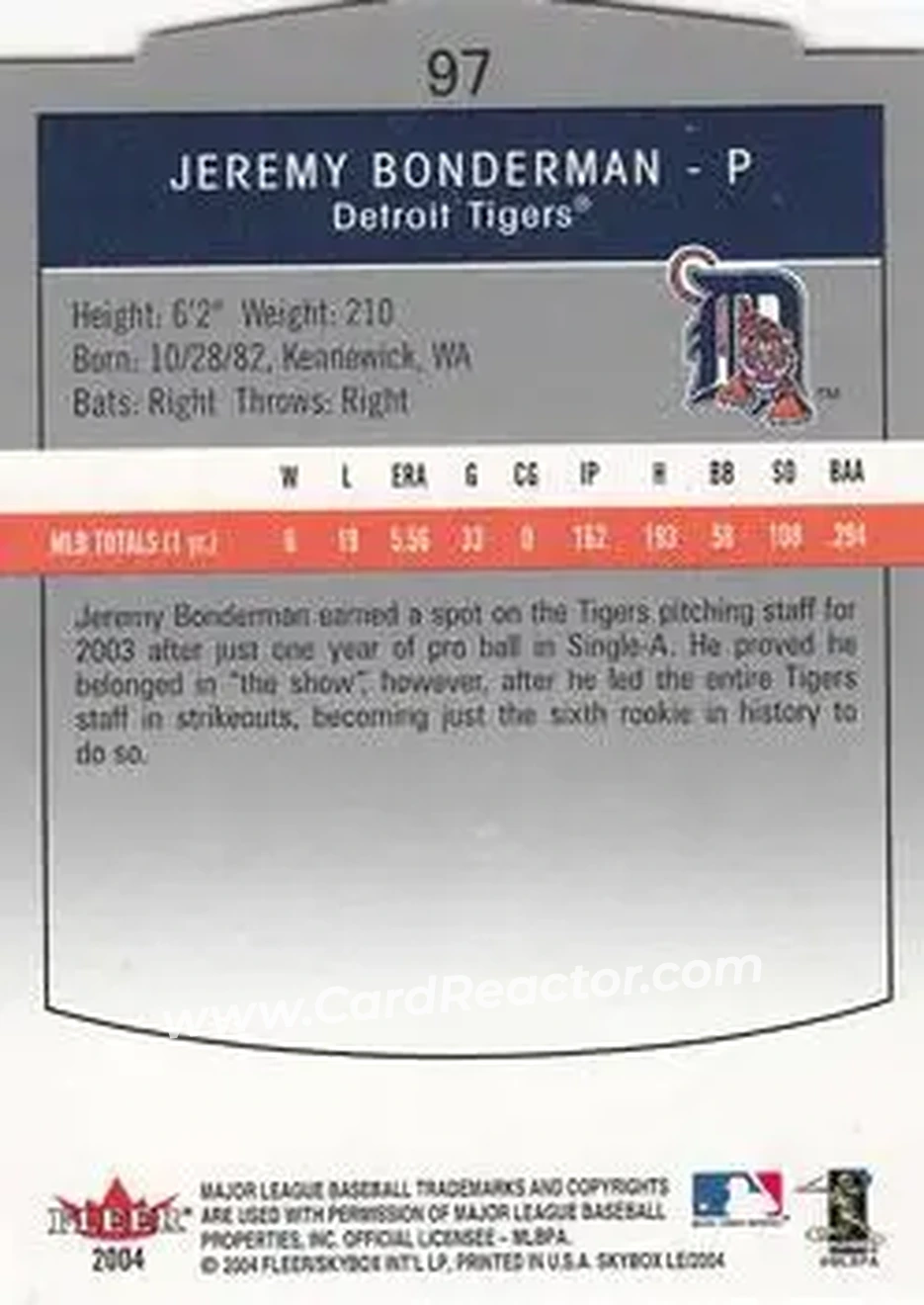 2004 SkyBox LE #97 - Jeremy Bonderman - Detroit Tigers - Back 2004 SkyBox LE #97 - Jeremy Bonderman - Detroit Tigers - Back