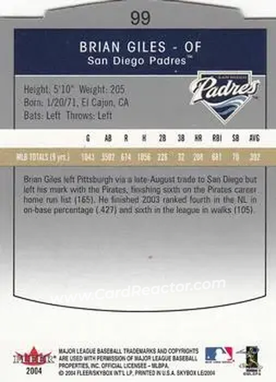 2004 SkyBox LE #99 - Brian Giles - San Diego Padres - Back