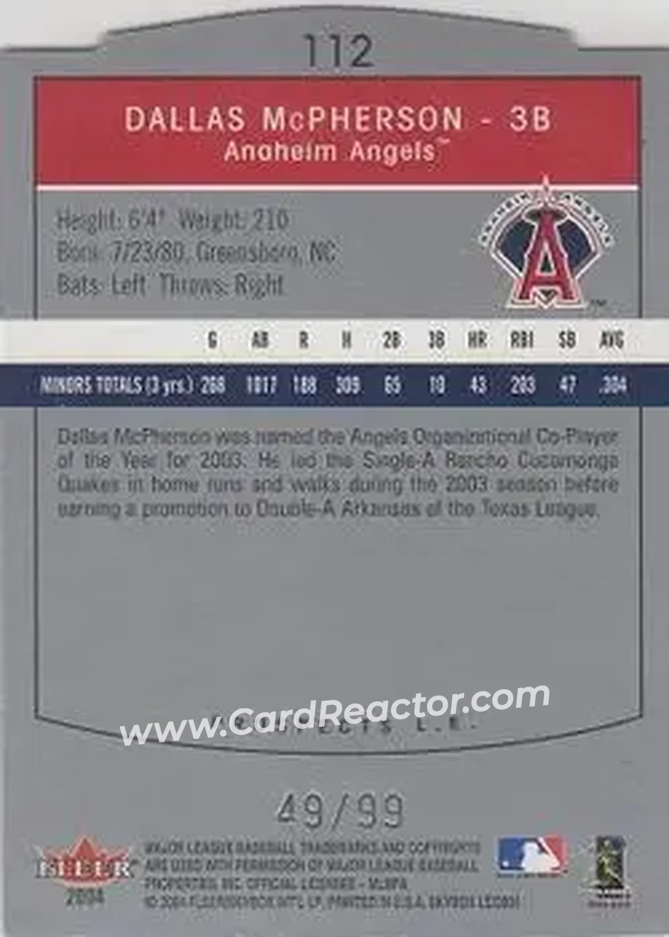 2004 SkyBox LE #112 - Dallas McPherson - Anaheim Angels - Back