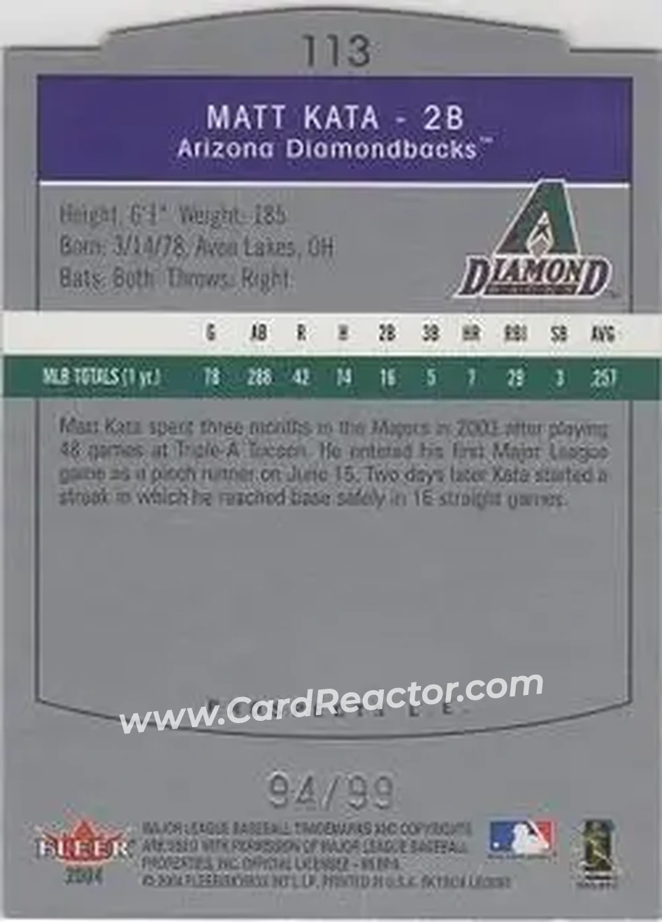 2004 SkyBox LE #113 - Matt Kata - Arizona Diamondbacks - Back 2004 SkyBox LE #113 - Matt Kata - Arizona Diamondbacks - Back