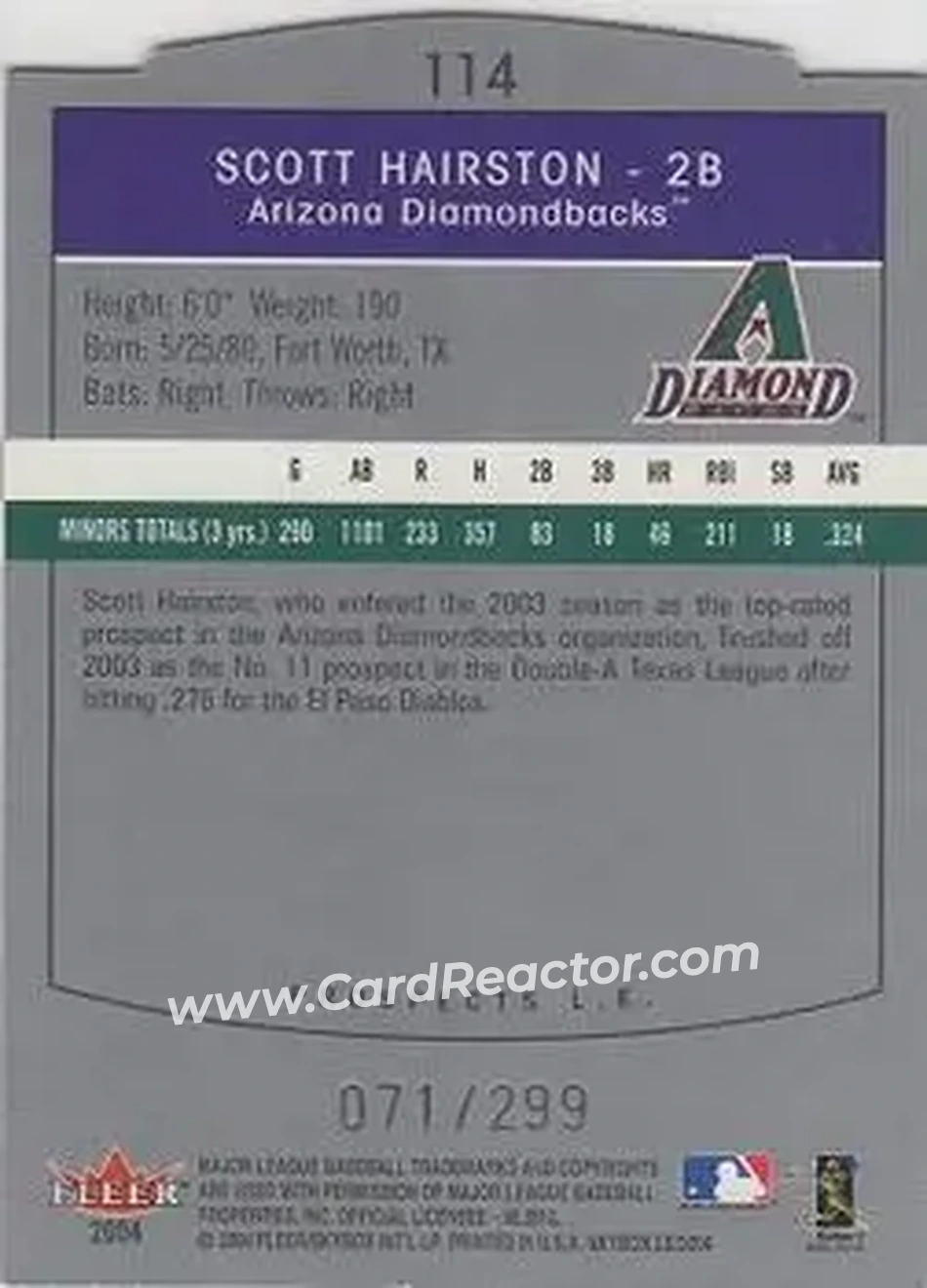 2004 SkyBox LE #114 - Scott Hairston - Arizona Diamondbacks - Back