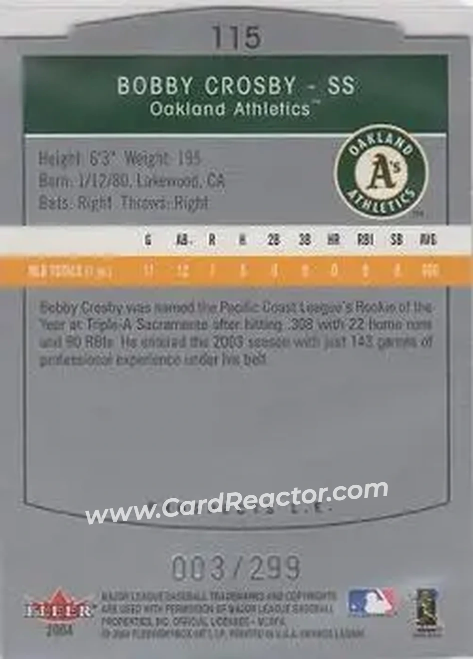 2004 SkyBox LE #115 - Bobby Crosby - Oakland Athletics - Back