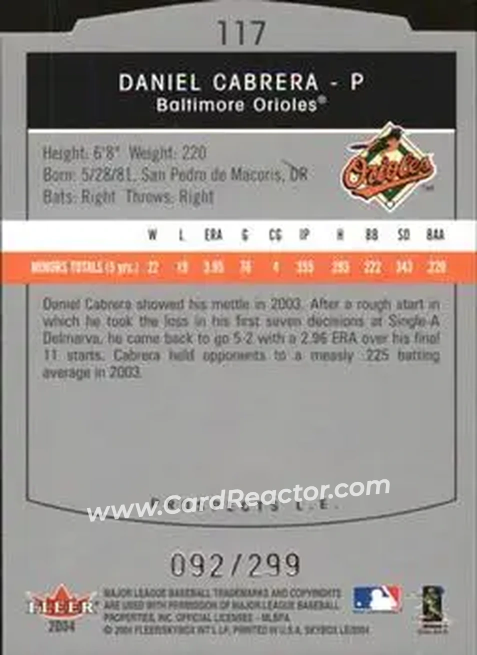 2004 SkyBox LE #117 - Daniel Cabrera - Baltimore Orioles - Back