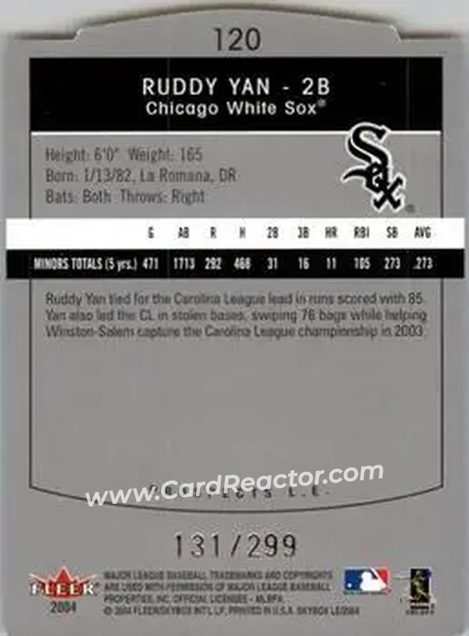 2004 SkyBox LE #120 - Ruddy Yan - Chicago White Sox - Back 2004 SkyBox LE #120 - Ruddy Yan - Chicago White Sox - Back
