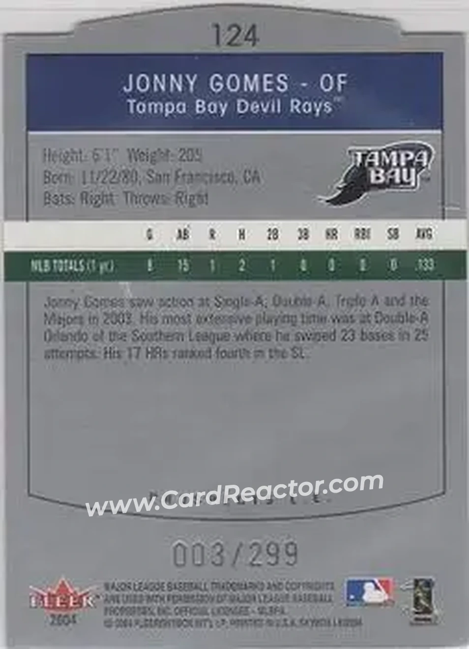 2004 SkyBox LE #124 - Jonny Gomes - Tampa Bay Devil Rays - Back 2004 SkyBox LE #124 - Jonny Gomes - Tampa Bay Devil Rays - Back