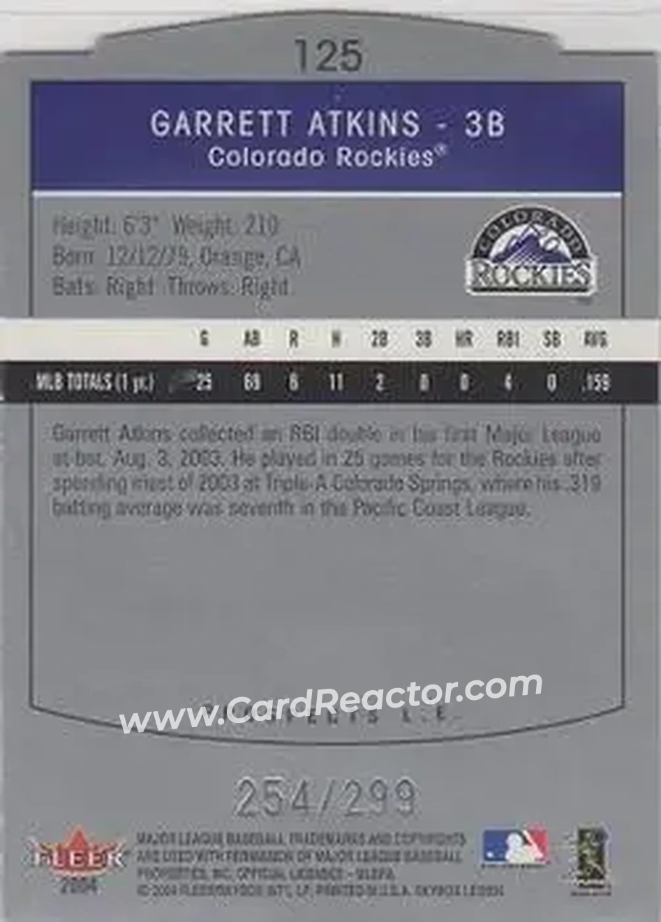 2004 SkyBox LE #125 - Garrett Atkins - Colorado Rockies - Back