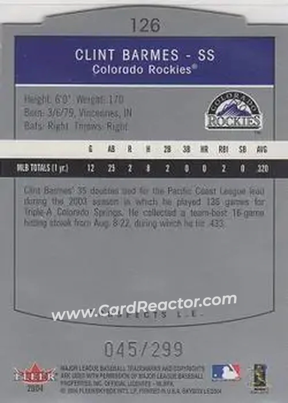 2004 SkyBox LE #126 - Clint Barmes - Colorado Rockies - Back