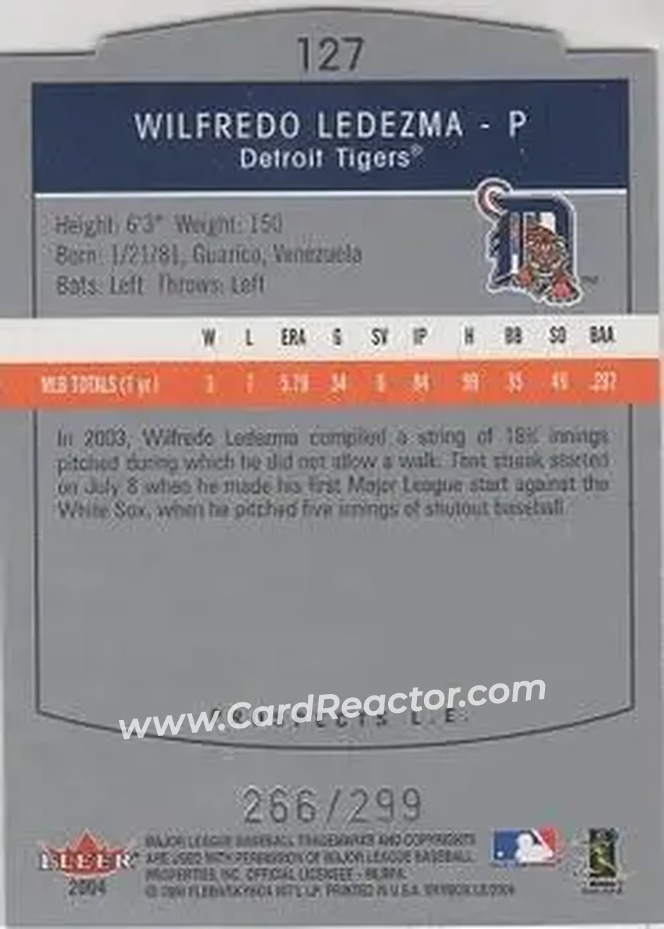 2004 SkyBox LE #127 - Wilfredo Ledezma - Detroit Tigers - Back
