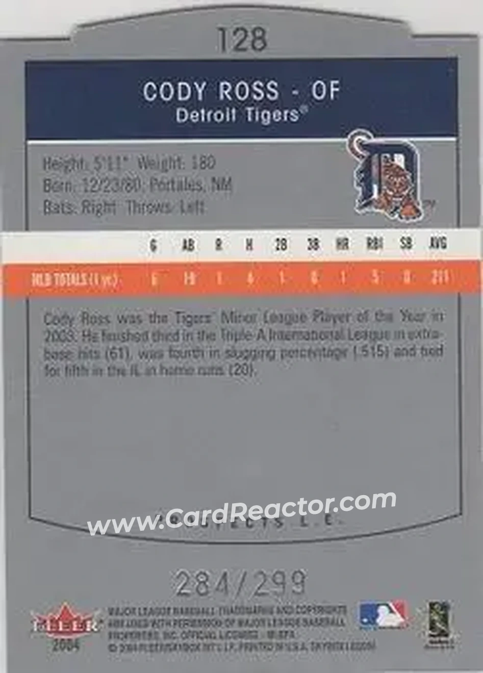 2004 SkyBox LE #128 - Cody Ross - Detroit Tigers - Back