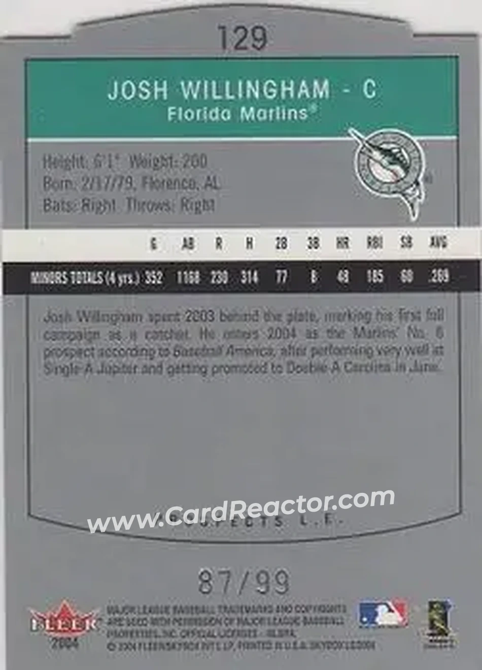 2004 SkyBox LE #129 - Josh Willingham - Florida Marlins - Back