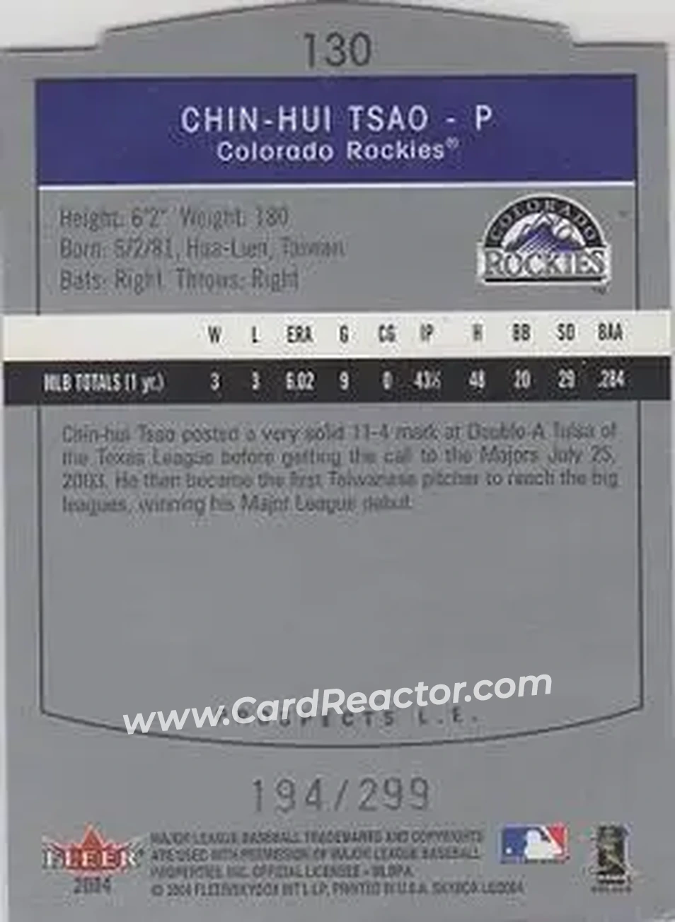 2004 SkyBox LE #130 - Chin-Hui Tsao - Colorado Rockies - Back