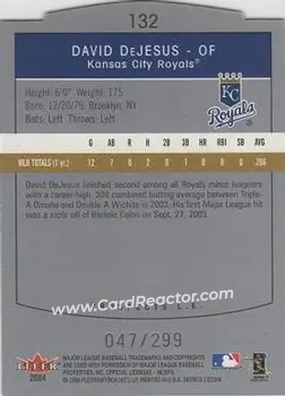 2004 SkyBox LE #132 - David DeJesus - Kansas City Royals - Back 2004 SkyBox LE #132 - David DeJesus - Kansas City Royals - Back