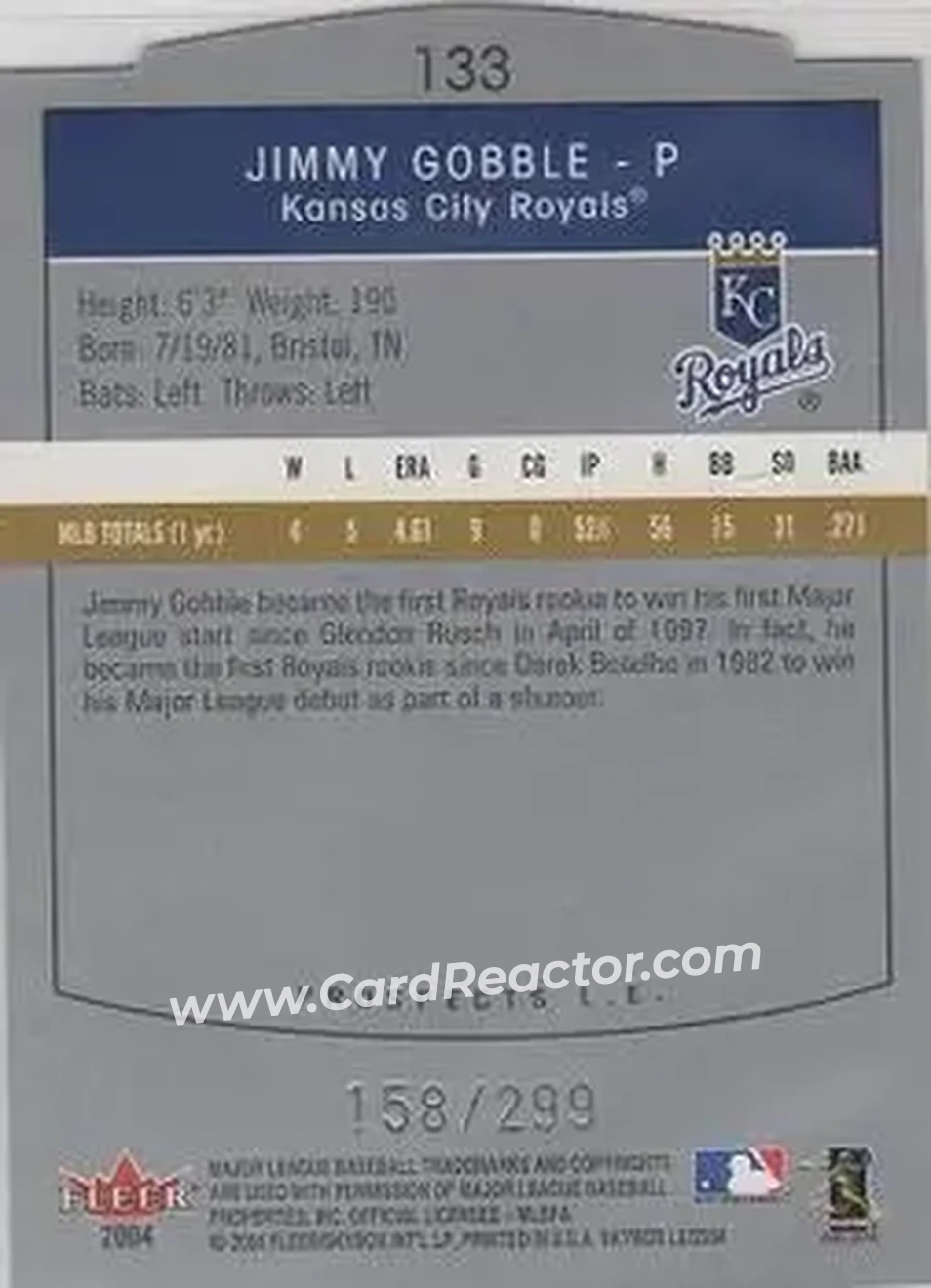 2004 SkyBox LE #133 - Jimmy Gobble - Kansas City Royals - Back