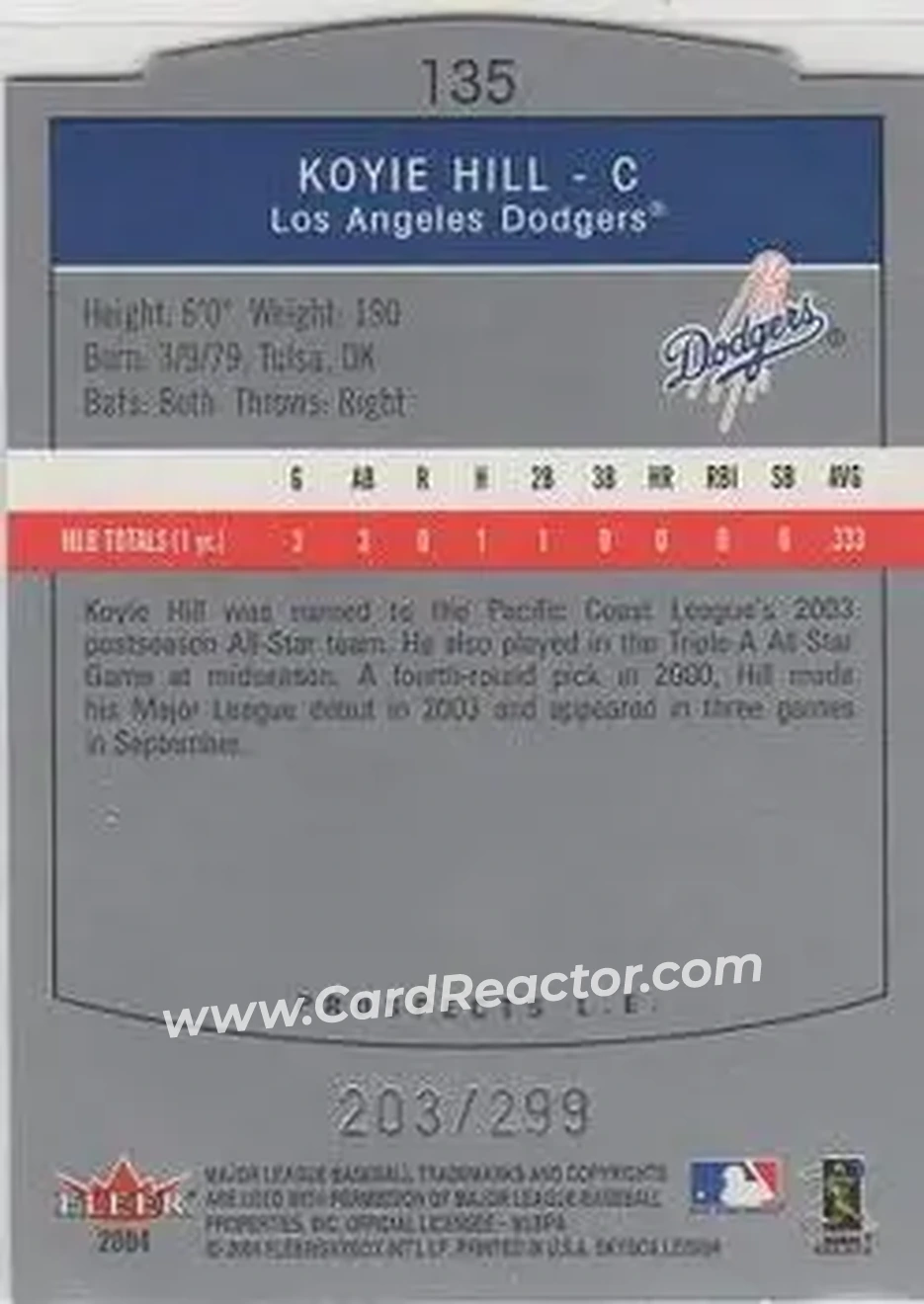 2004 SkyBox LE #135 - Koyie Hill - Los Angeles Dodgers - Back