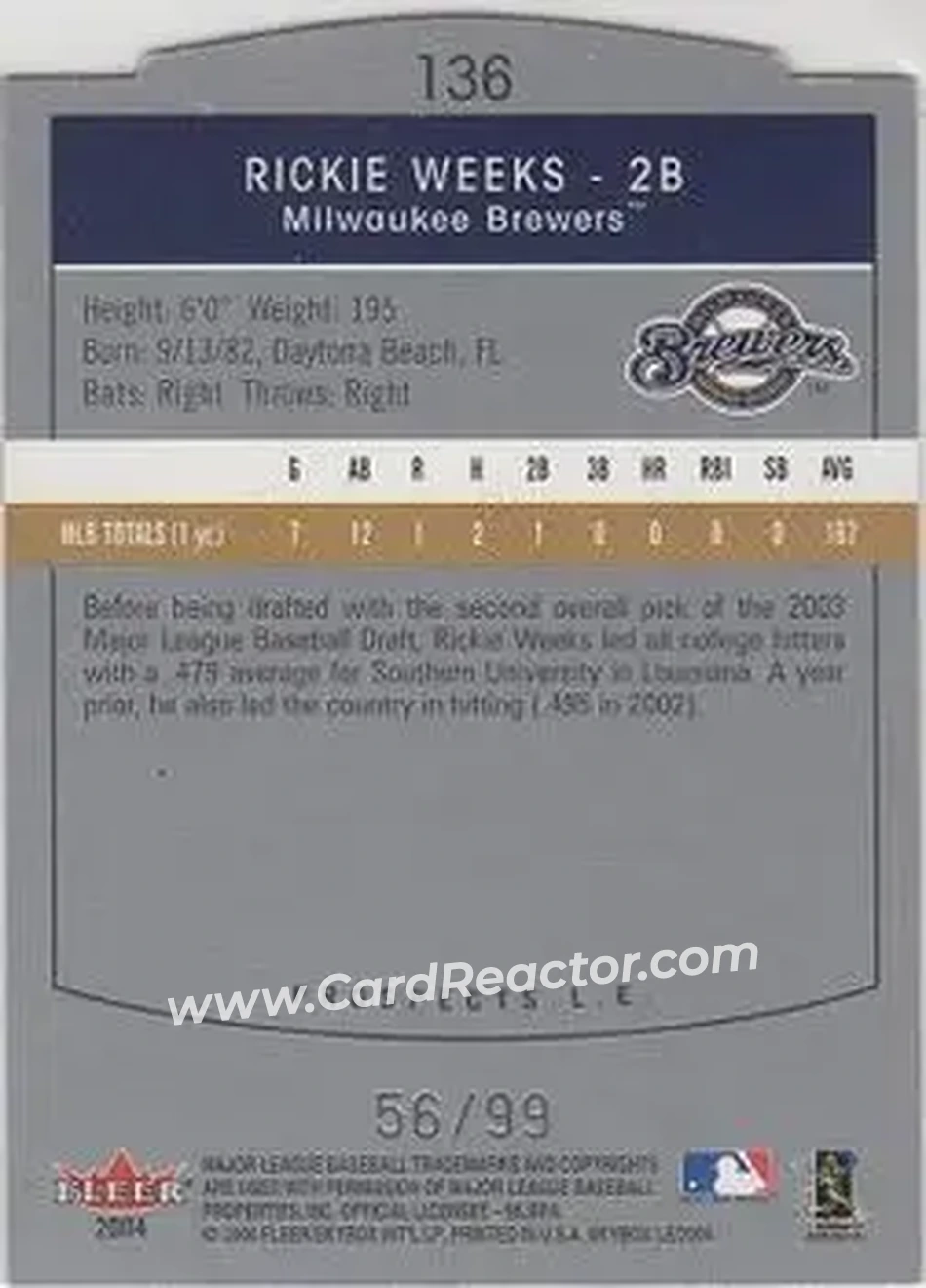 2004 SkyBox LE #136 - Rickie Weeks - Milwaukee Brewers - Back
