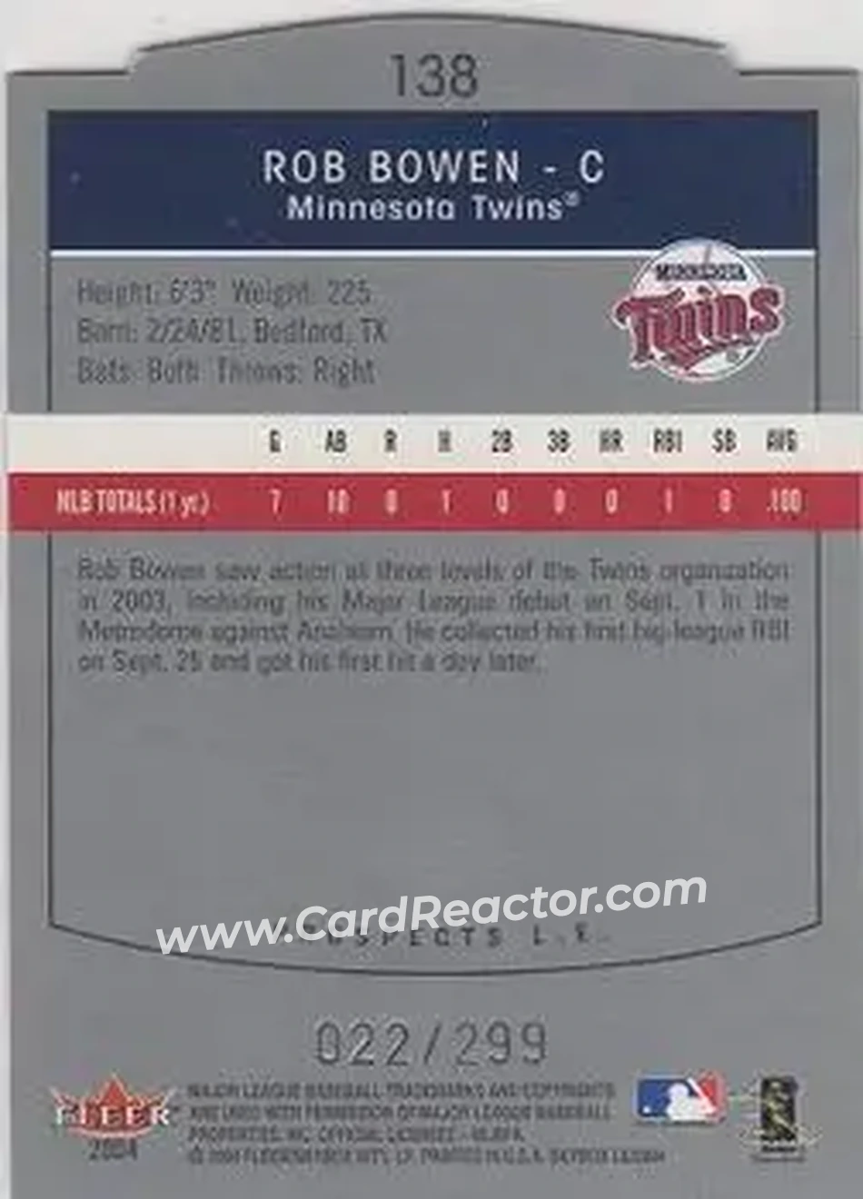 2004 SkyBox LE #138 - Rob Bowen - Minnesota Twins - Back