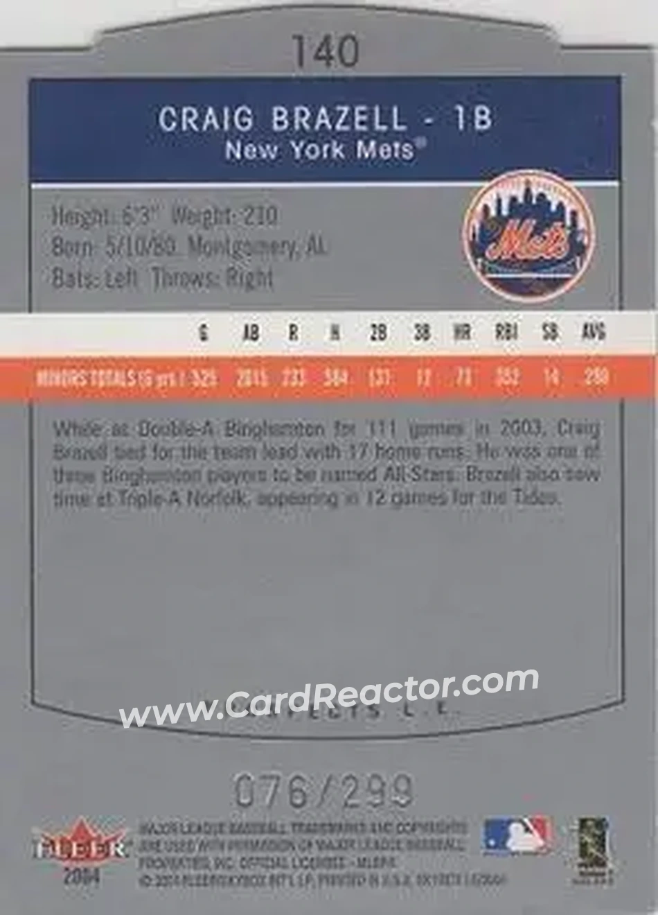 2004 SkyBox LE #140 - Craig Brazell - New York Mets - Back