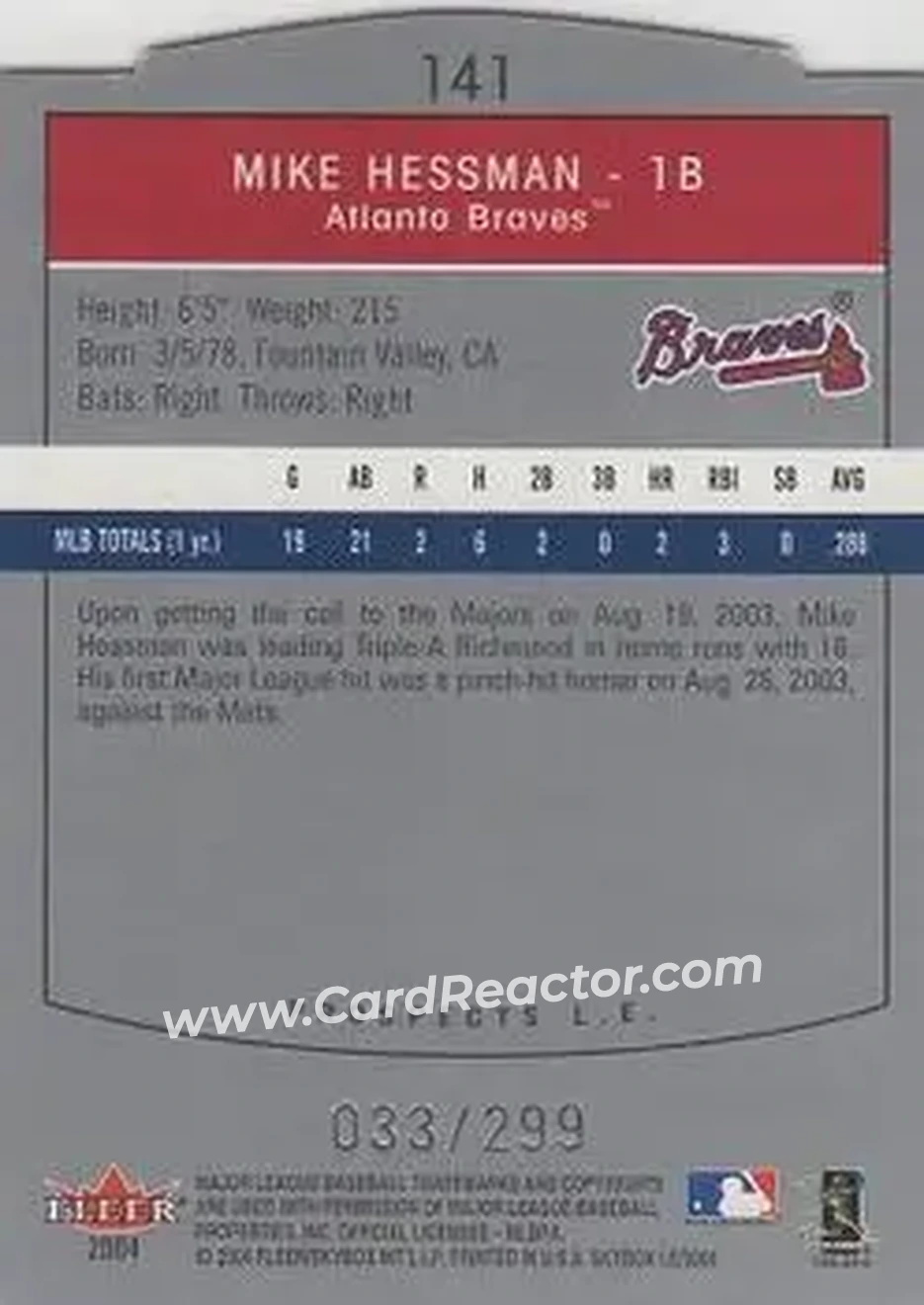 2004 SkyBox LE #141 - Mike Hessman - Atlanta Braves - Back