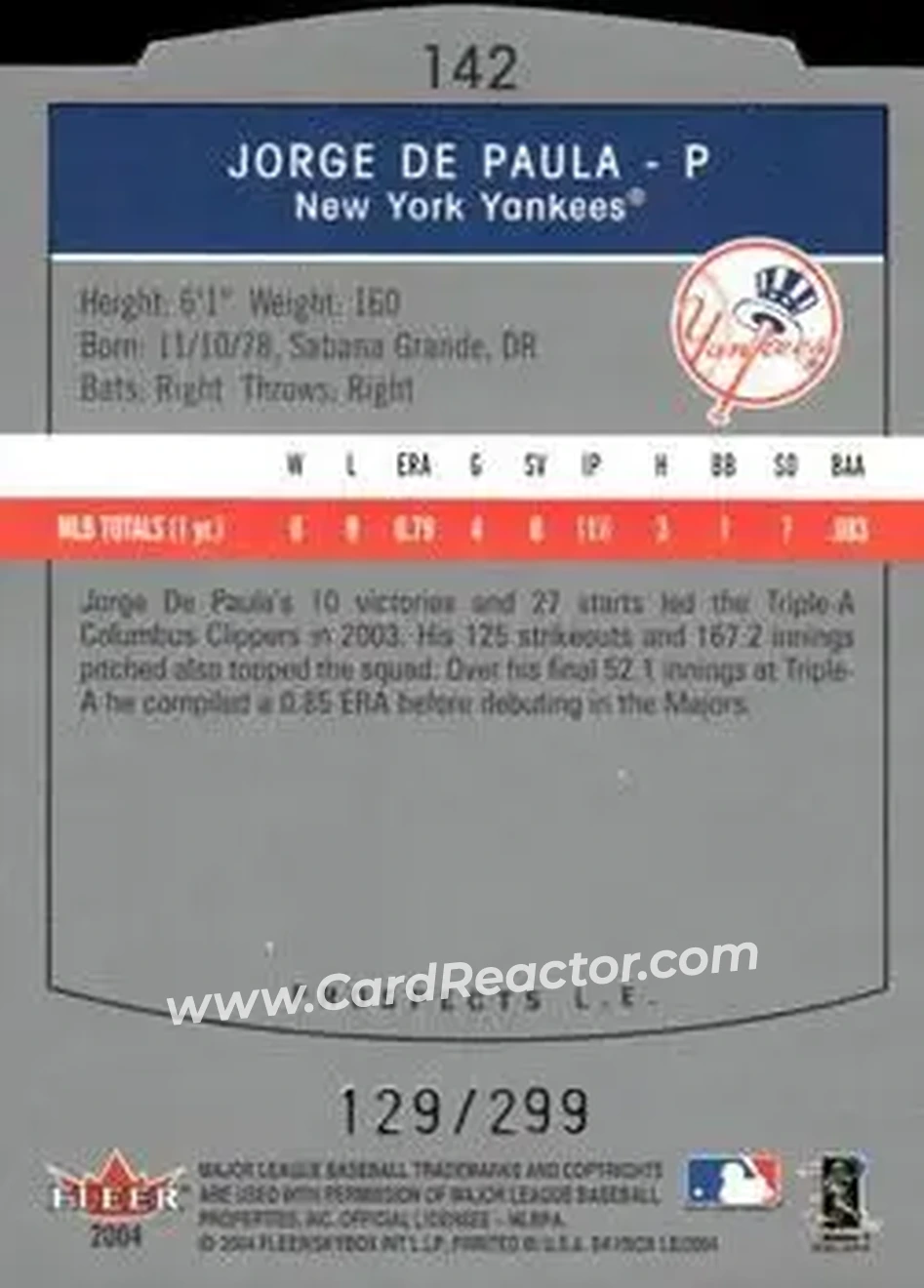 2004 SkyBox LE #142 - Jorge DePaula - New York Yankees - Back