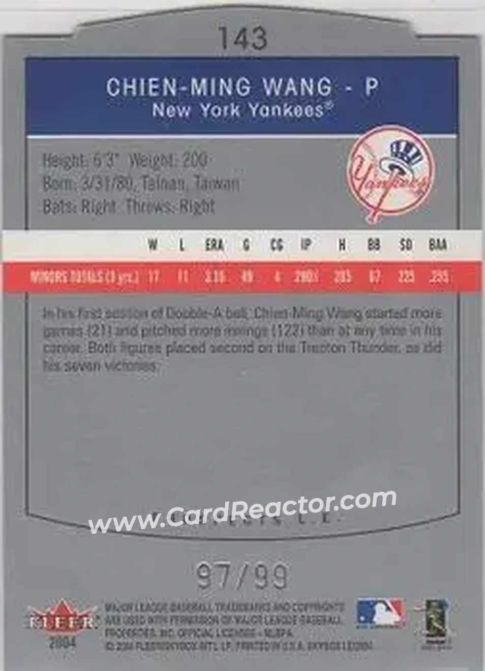 2004 SkyBox LE #143 - Chien-Ming Wang - New York Yankees - Back 2004 SkyBox LE #143 - Chien-Ming Wang - New York Yankees - Back
