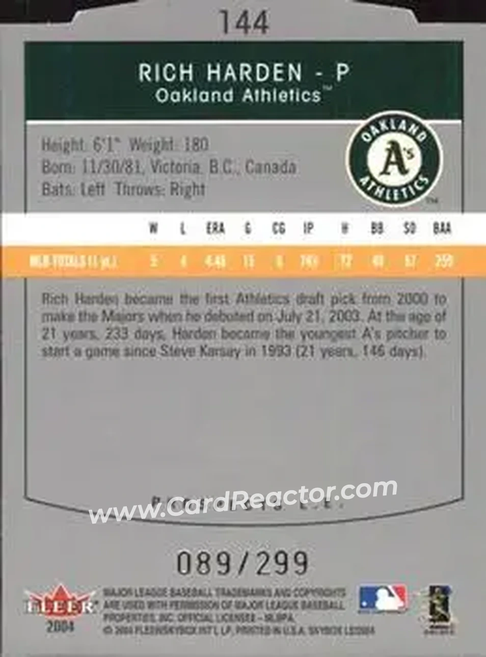 2004 SkyBox LE #144 - Rich Harden - Oakland Athletics - Back