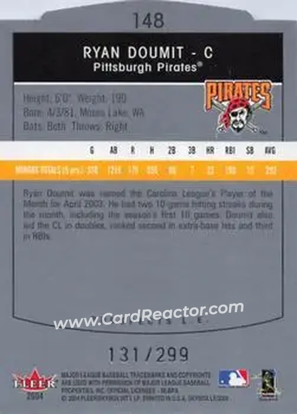 2004 SkyBox LE #148 - Ryan Doumit - Pittsburgh Pirates - Back