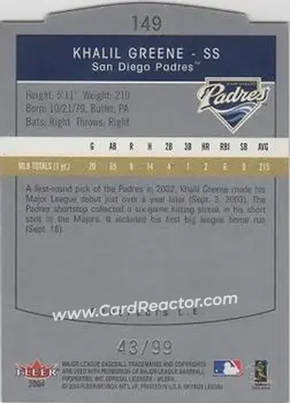 2004 SkyBox LE #149 - Khalil Greene - San Diego Padres - Back