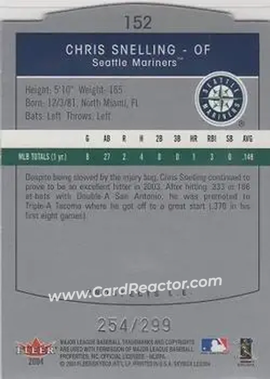 2004 SkyBox LE #152 - Chris Snelling - Seattle Mariners - Back