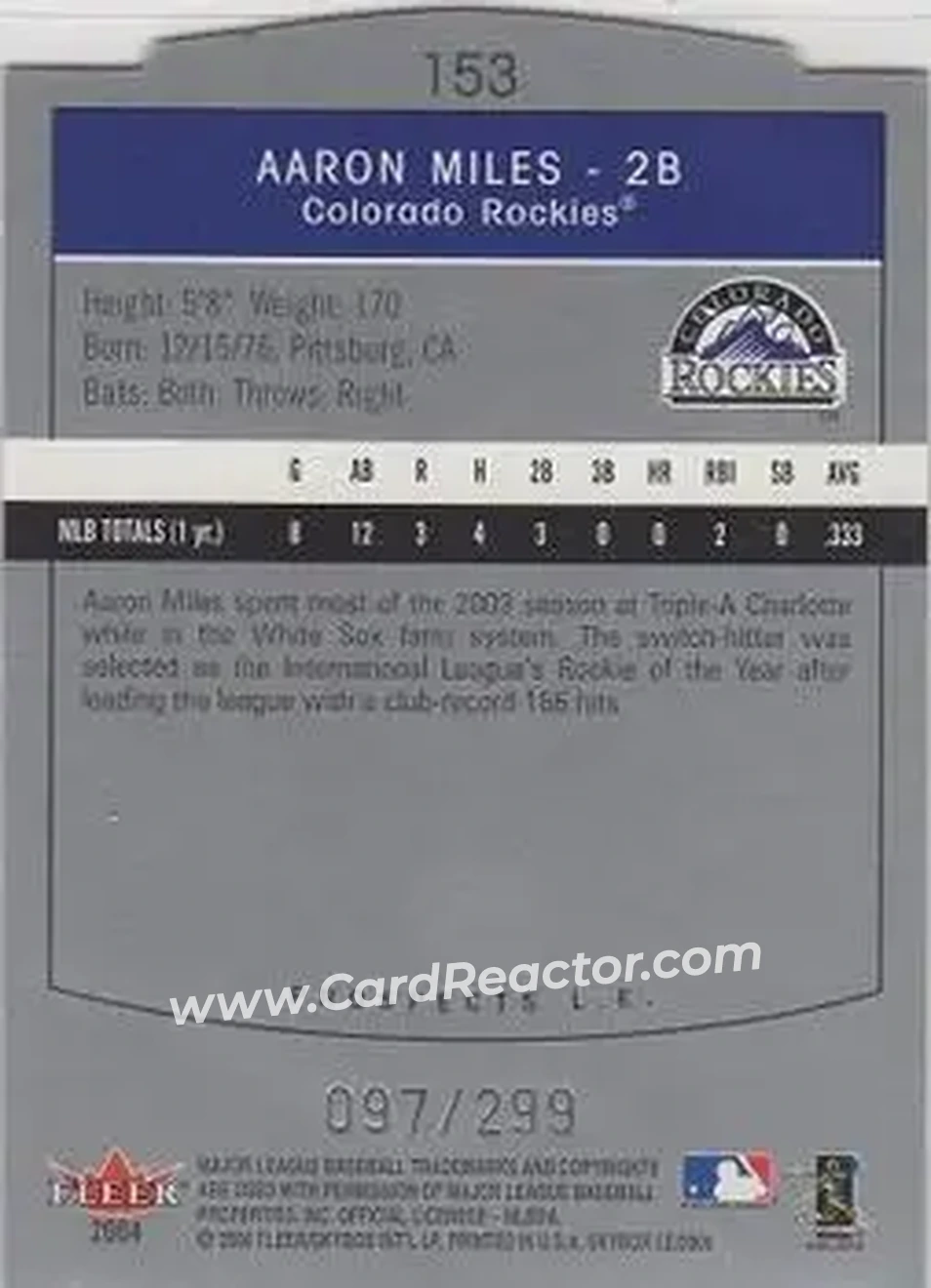 2004 SkyBox LE #153 - Aaron Miles - Colorado Rockies - Back