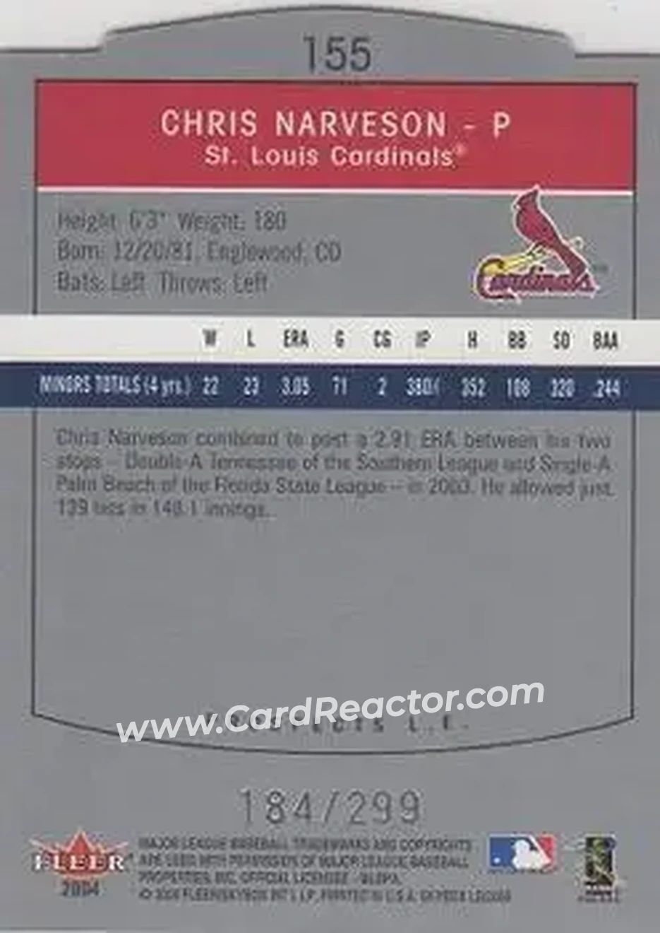 2004 SkyBox LE #155 - Chris Narveson - St. Louis Cardinals - Back