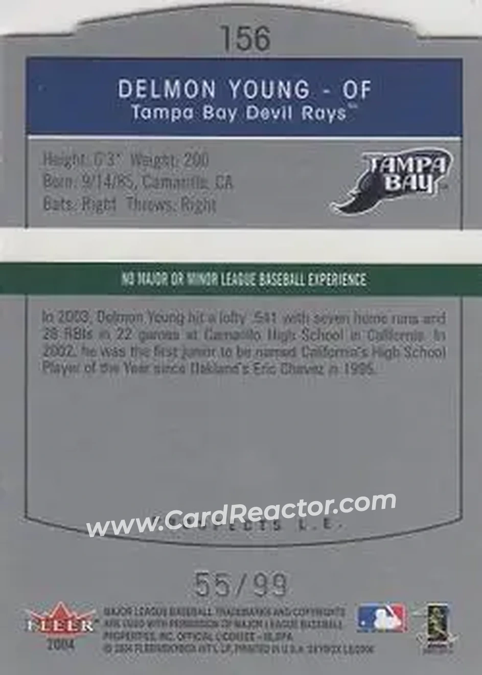2004 SkyBox LE #156 - Delmon Young - Tampa Bay Devil Rays - Back
