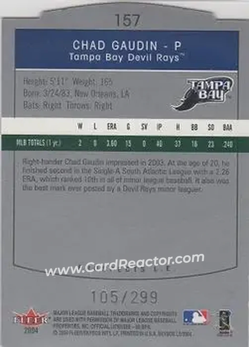 2004 SkyBox LE #157 - Chad Gaudin - Tampa Bay Devil Rays - Back