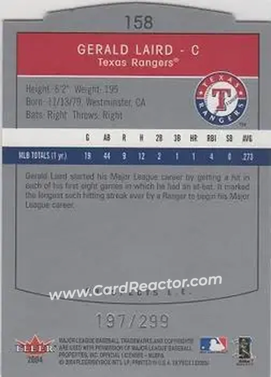 2004 SkyBox LE #158 - Gerald Laird - Texas Rangers - Back