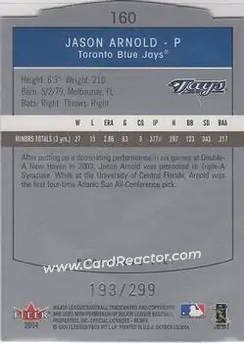 2004 SkyBox LE #160 - Jason Arnold - Toronto Blue Jays - Back