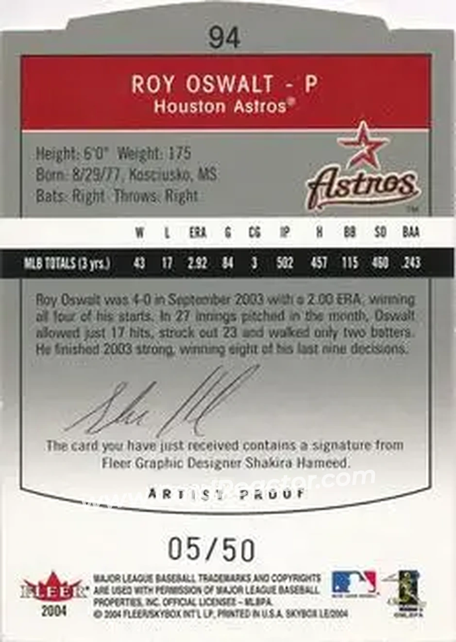 2004 SkyBox LE - Artist Proof #94 - Roy Oswalt - Houston Astros - Back