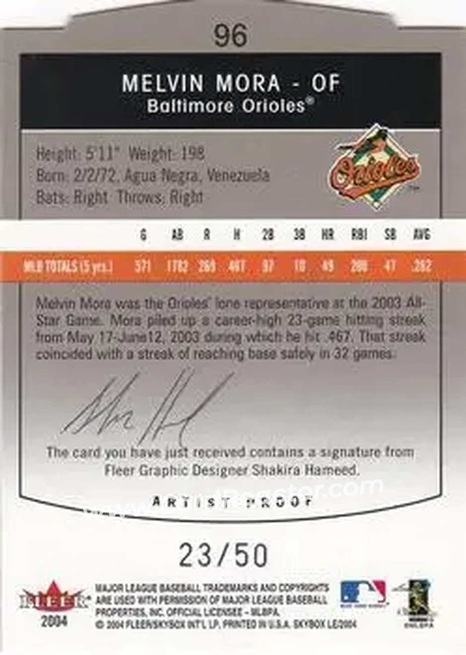 2004 SkyBox LE - Artist Proof #96 - Melvin Mora - Baltimore Orioles - Back