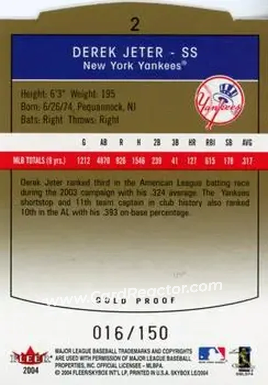 2004 SkyBox LE - Gold Proof #2 - Derek Jeter - New York Yankees - Back