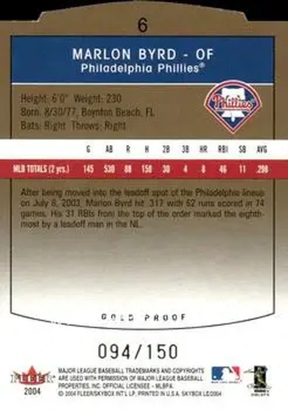 2004 SkyBox LE - Gold Proof #6 - Marlon Byrd - Philadelphia Phillies - Back