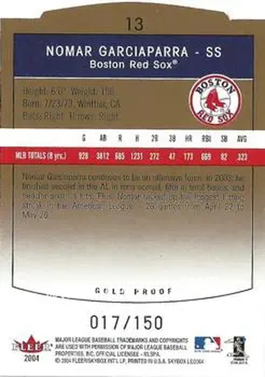 2004 SkyBox LE - Gold Proof #13 - Nomar Garciaparra - Boston Red Sox - Back