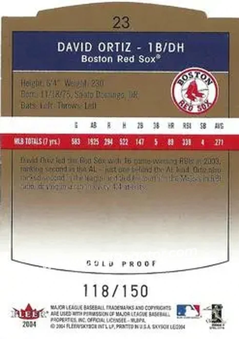 2004 SkyBox LE - Gold Proof #23 - David Ortiz - Boston Red Sox - Back