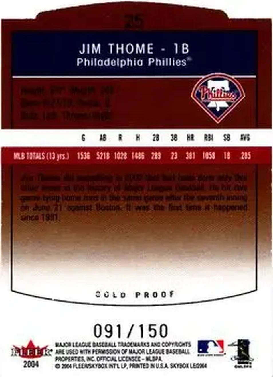 2004 SkyBox LE - Gold Proof #25 - Jim Thome - Philadelphia Phillies - Back 2004 SkyBox LE - Gold Proof #25 - Jim Thome - Philadelphia Phillies - Back