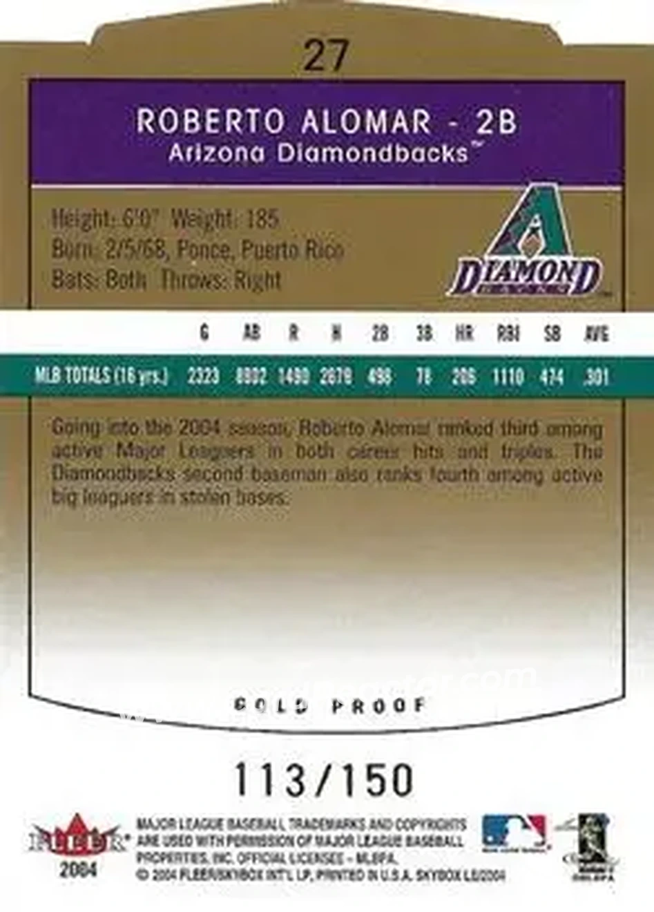 2004 SkyBox LE - Gold Proof #27 - Roberto Alomar - Arizona Diamondbacks - Back